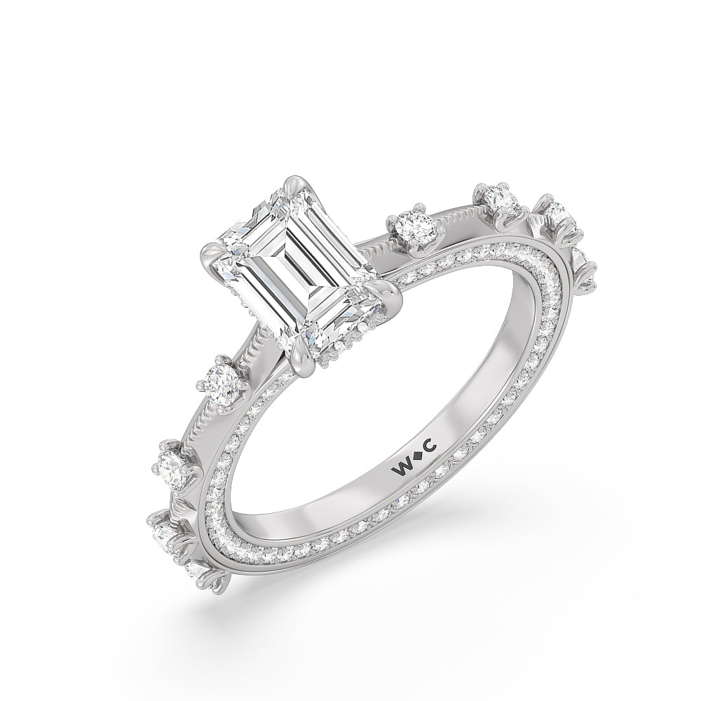 Celestia Hidden Halo Engagement Ring with Emerald Cut Diamond in 14KT Platinum view 3
