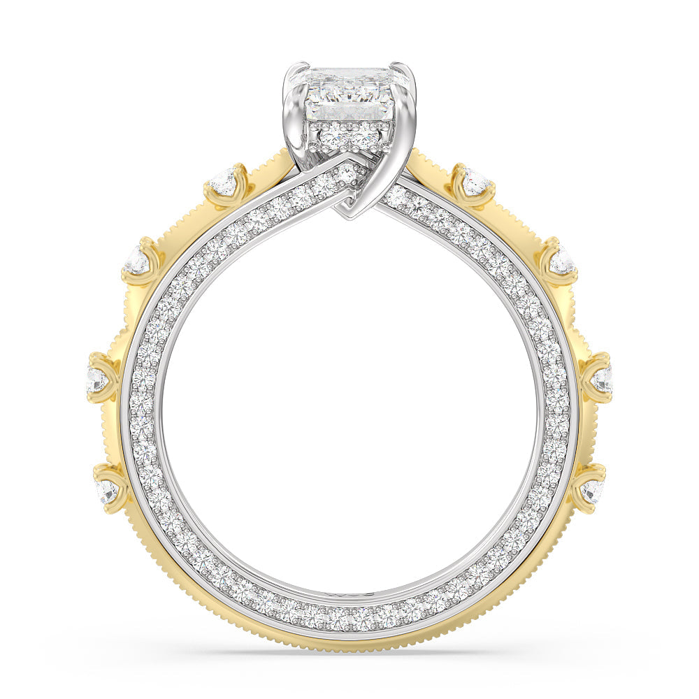 Celestia Hidden Halo Engagement Ring with Emerald Cut Diamond in 14KT White & Yellow Gold view 2

