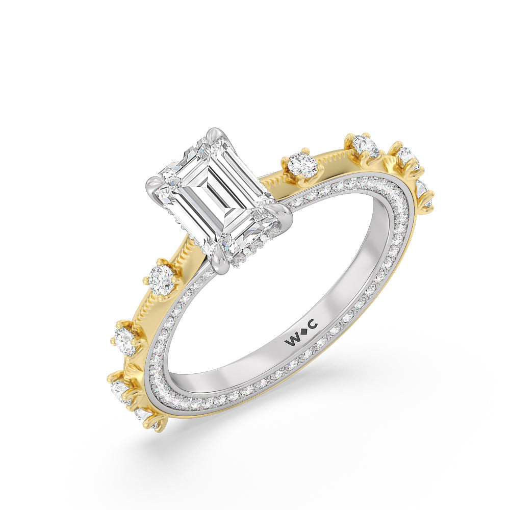 Celestia Hidden Halo Engagement Ring with Emerald Cut Diamond in 14KT White & Yellow Gold view 3
