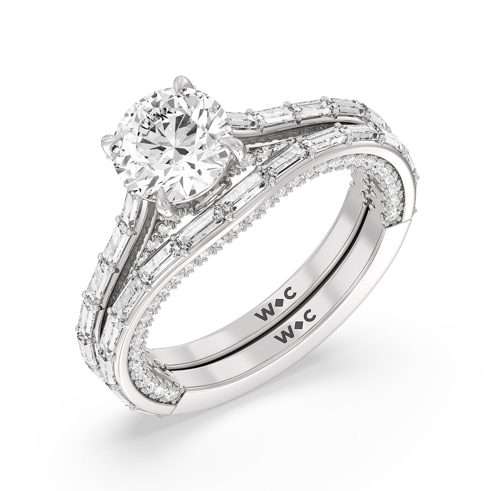 Celestia Baguette Studded Wedding Band with Platinum Cut Diamond in 14KT Platinum view 3
