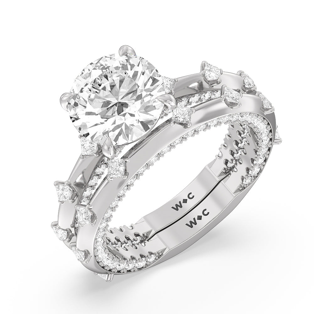 Celestia Princess Set Studded Gallery Diamond Wedding Band with Platinum Cut Diamond in 14KT Platinum view 3
