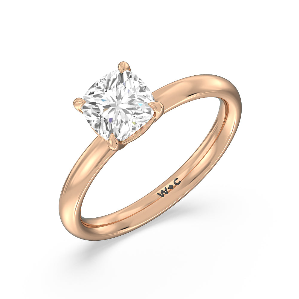 Classic Four Prong Petite Comfort Fit Solitaire Engagement Ring with Cushion Cut Diamond in 14KT Rose Gold view 3
