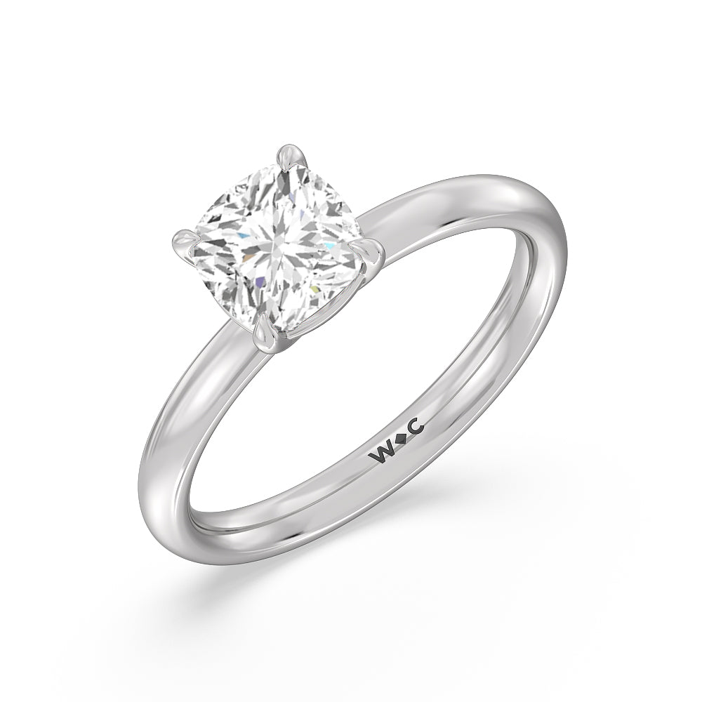 Classic Four Prong Petite Comfort Fit Solitaire Engagement Ring with Cushion Cut Diamond in 14KT Platinum view 3
