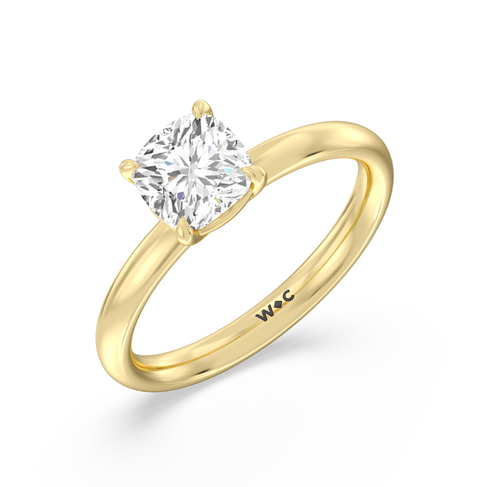 Classic Four Prong Petite Comfort Fit Solitaire Engagement Ring with Cushion Cut Diamond in 14KT Yellow Gold view 3

