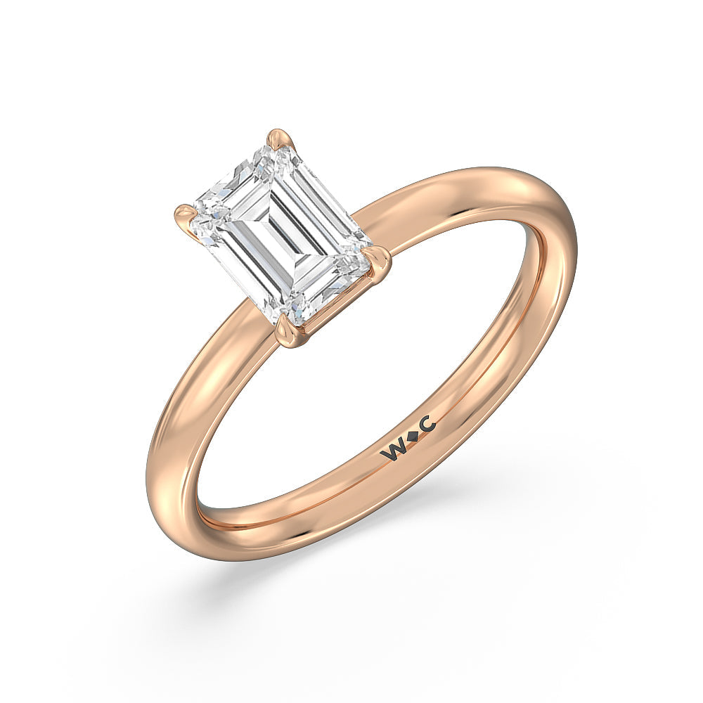 Classic Four Prong Petite Comfort Fit Solitaire Engagement Ring with Emerald Cut Diamond in 14KT Rose Gold view 3
