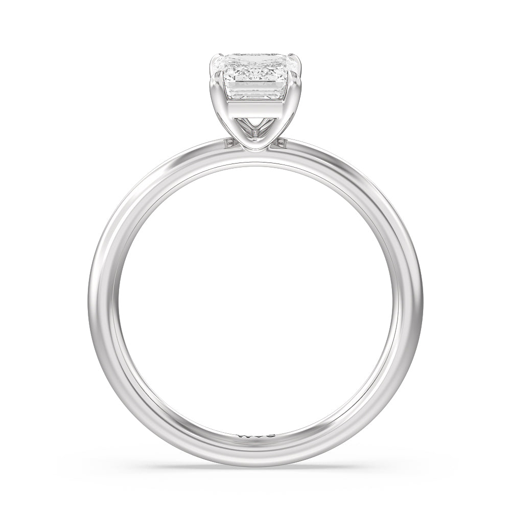 Classic Four Prong Petite Comfort Fit Solitaire Engagement Ring with Emerald Cut Diamond in 14KT Platinum view 2
