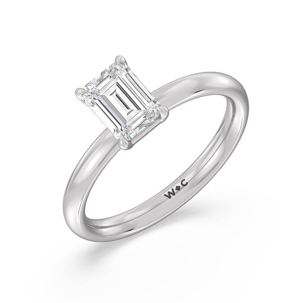 Classic Four Prong Petite Comfort Fit Solitaire Engagement Ring with Emerald Cut Diamond in 14KT Platinum view 3
