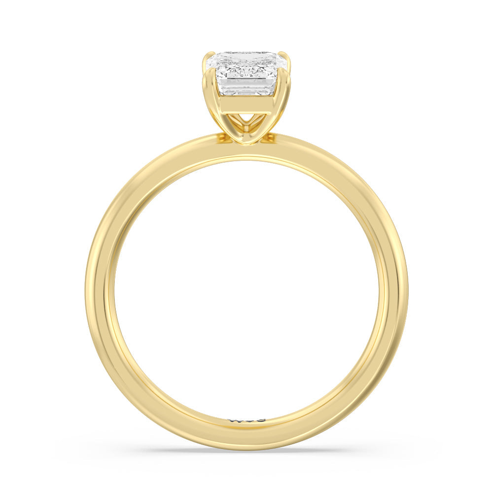 Classic Four Prong Petite Comfort Fit Solitaire Engagement Ring with Emerald Cut Diamond in 14KT Yellow Gold view 2
