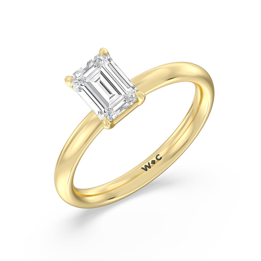 Classic Four Prong Petite Comfort Fit Solitaire Engagement Ring with Emerald Cut Diamond in 14KT Yellow Gold view 3
