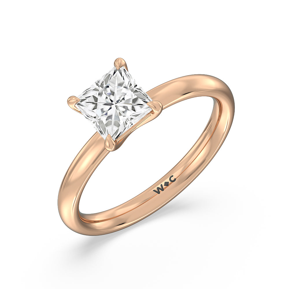 Classic Four Prong Petite Comfort Fit Solitaire Engagement Ring with Princess Cut Diamond in 14KT Rose Gold view 3
