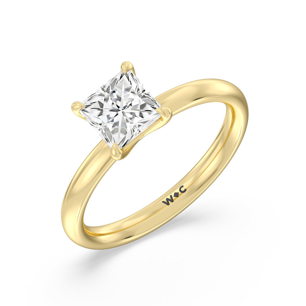 Classic Four Prong Petite Comfort Fit Solitaire Engagement Ring with Princess Cut Diamond in 14KT Yellow Gold view 3
