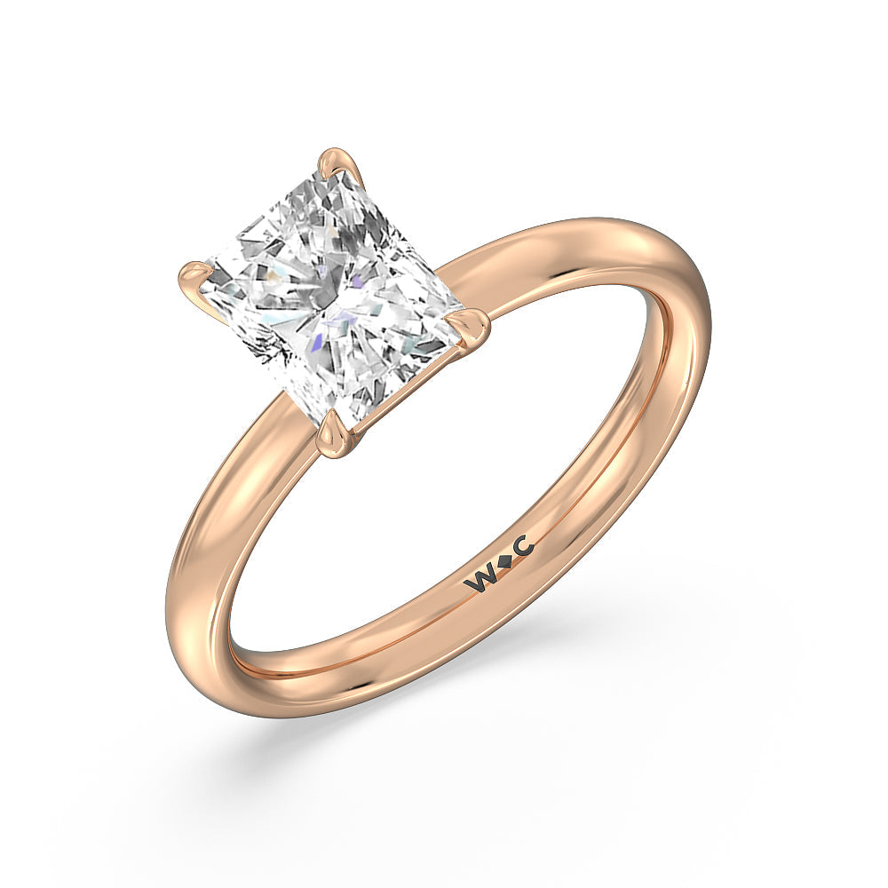 Classic Four Prong Petite Comfort Fit Solitaire Engagement Ring with Radiant Cut Diamond in 14KT Rose Gold view 3
