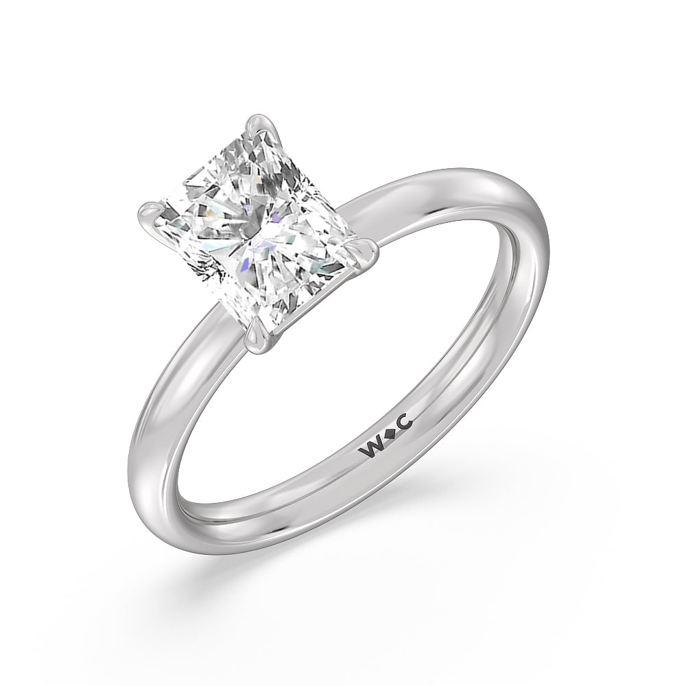 Classic Four Prong Petite Comfort Fit Solitaire Engagement Ring with Radiant Cut Diamond in 14KT Platinum view 2
