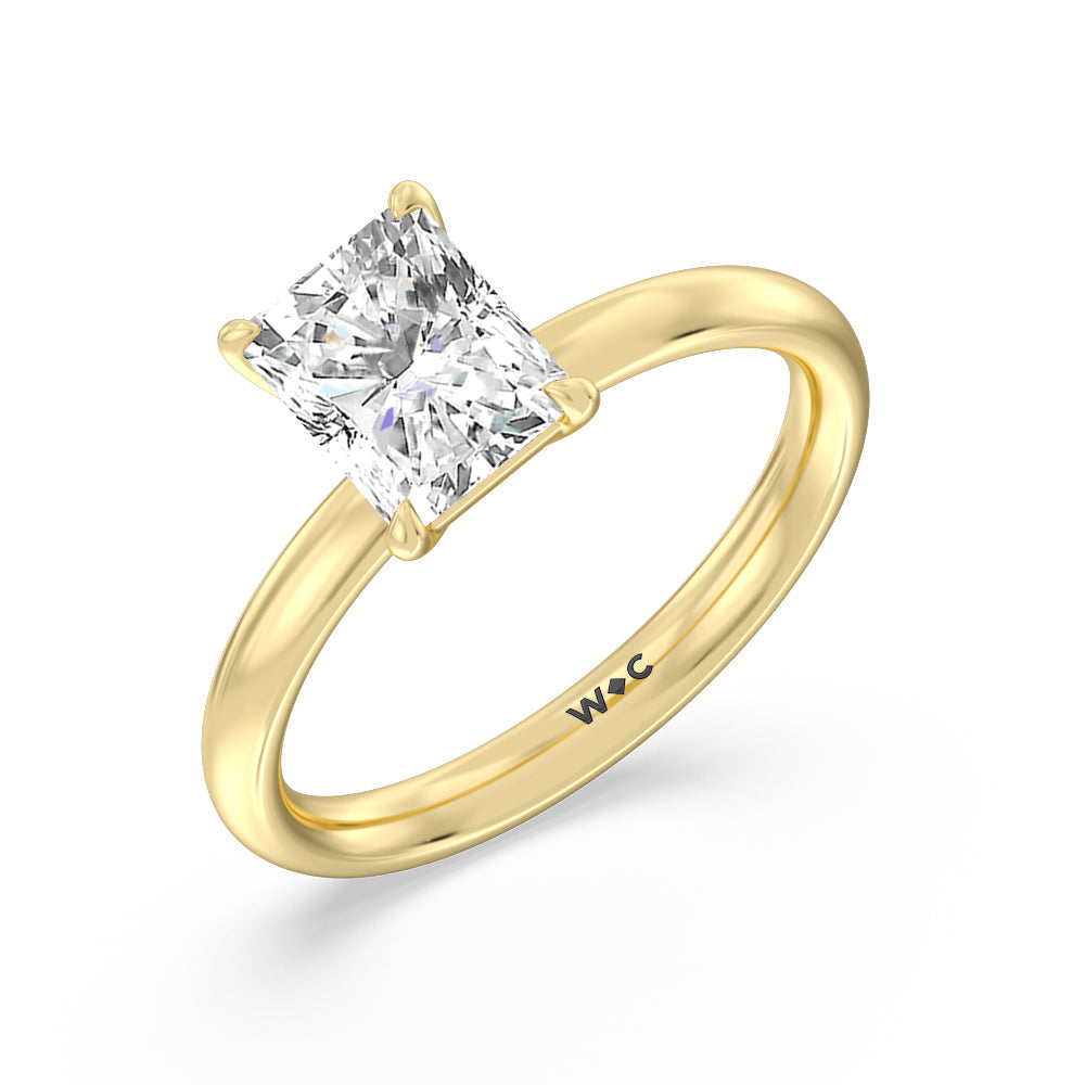 Classic Four Prong Petite Comfort Fit Solitaire Engagement Ring with Radiant Cut Diamond in 14KT Yellow Gold view 2
