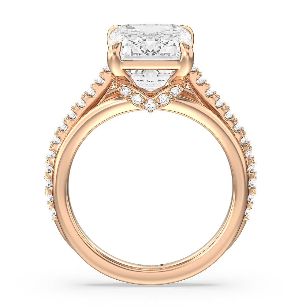 Elegance Split Shank Center Pave Engagement Ring with Emerald Cut Diamond in 14KT Rose Gold view 2

