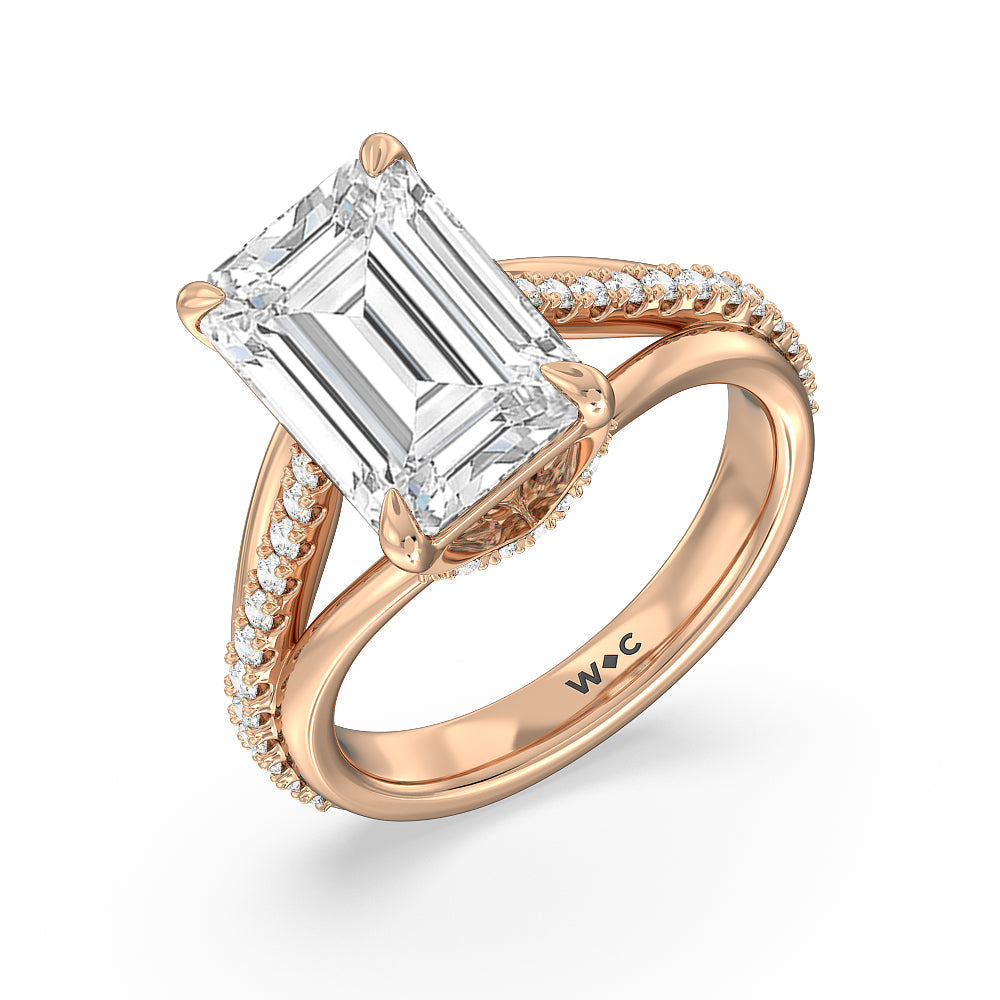Elegance Split Shank Center Pave Engagement Ring with Emerald Cut Diamond in 14KT Rose Gold view 3
