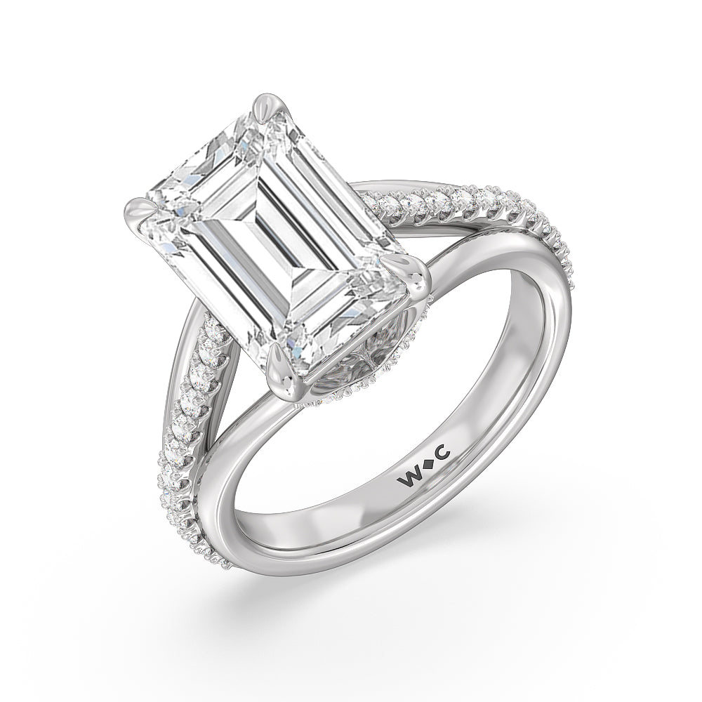 Elegance Split Shank Center Pave Engagement Ring with Emerald Cut Diamond in 14KT Platinum view 3
