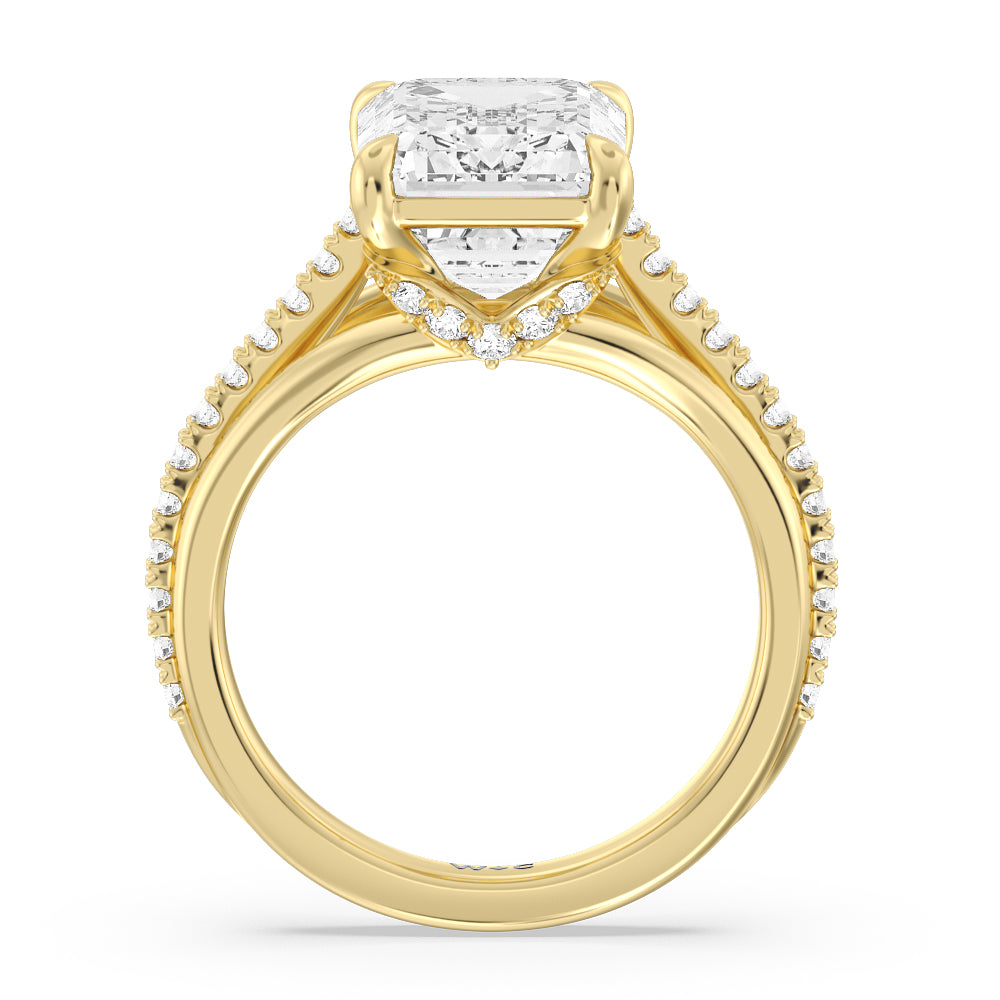 Elegance Split Shank Center Pave Engagement Ring with Emerald Cut Diamond in 14KT Yellow Gold view 2
