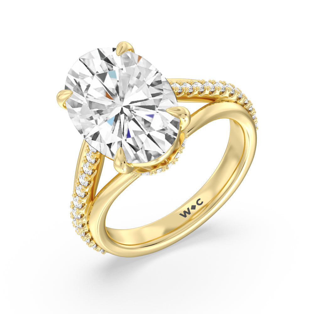 Elegance Split Shank Center Pave Engagement Ring with Oval Cut Diamond in 14KT Yellow Gold view 3
