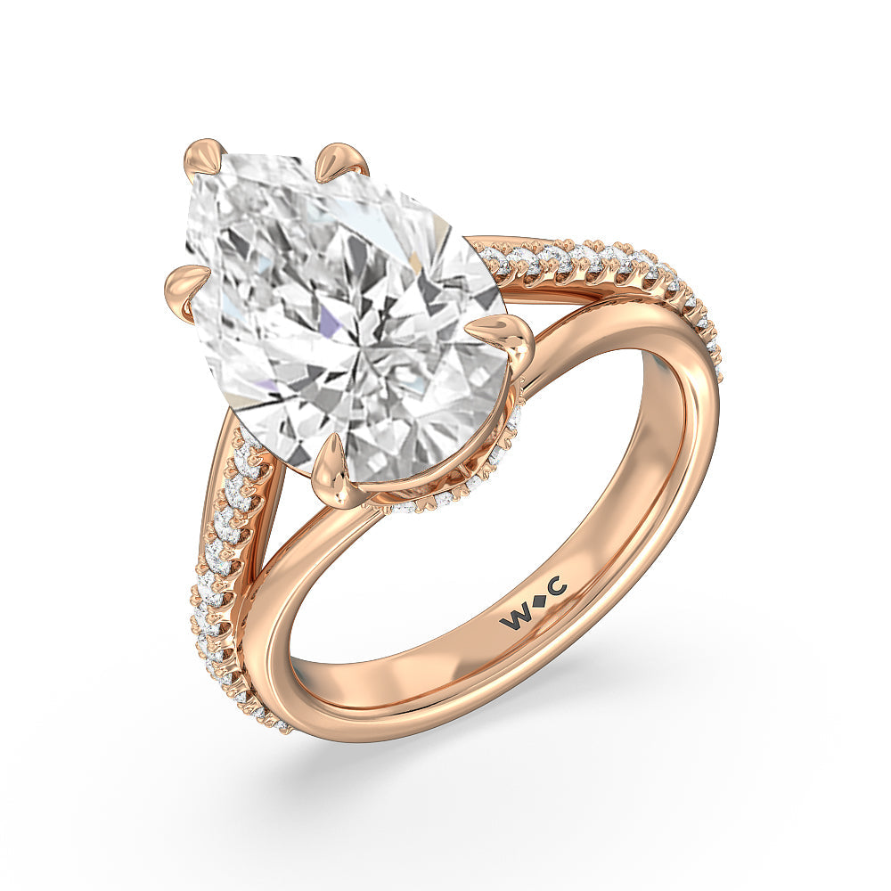Elegance Split Shank Center Pave Engagement Ring with Pear Cut Diamond in 14KT Rose Gold view 3
