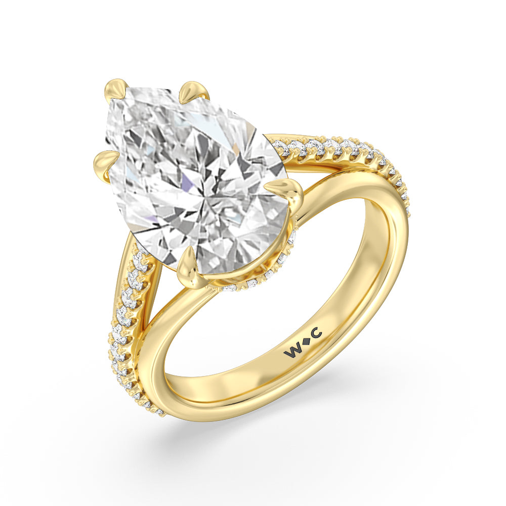 Elegance Split Shank Center Pave Engagement Ring with Pear Cut Diamond in 14KT Yellow Gold view 3
