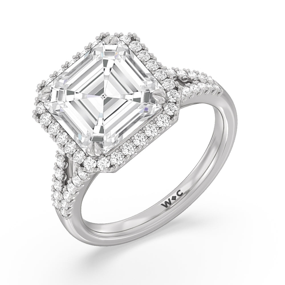 Elegance Split Shank Halo Engagement Ring with Asscher Cut Diamond in 14KT Platinum view 3
