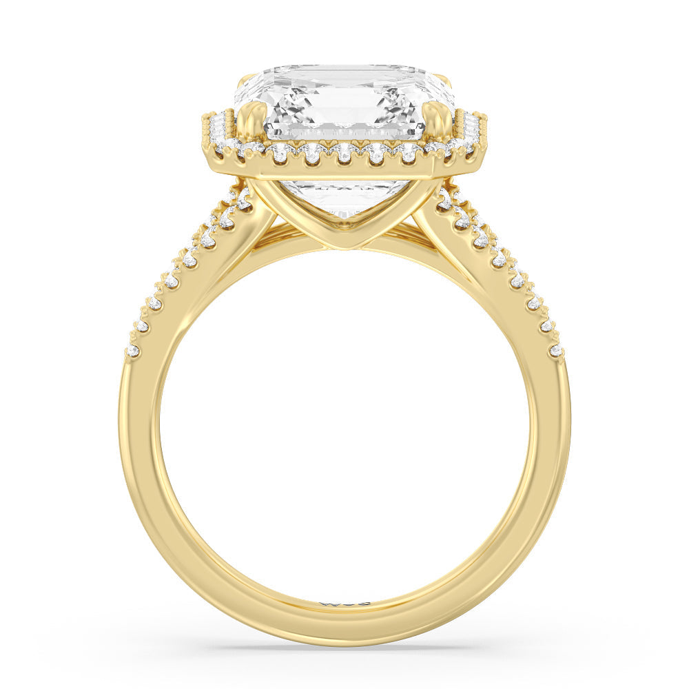 Elegance Split Shank Halo Engagement Ring with Asscher Cut Diamond in 14KT Yellow Gold view 2
