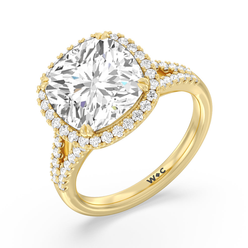 Elegance Split Shank Halo Engagement Ring with Cushion Cut Diamond in 14KT Yellow Gold view 3
