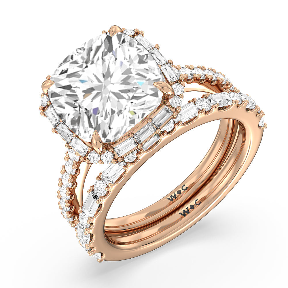 Elegance Baguette Halo Pave Diamond Wedding Band with 18KT Rose Gold Cut Diamond in 14KT Rose Gold view 3
