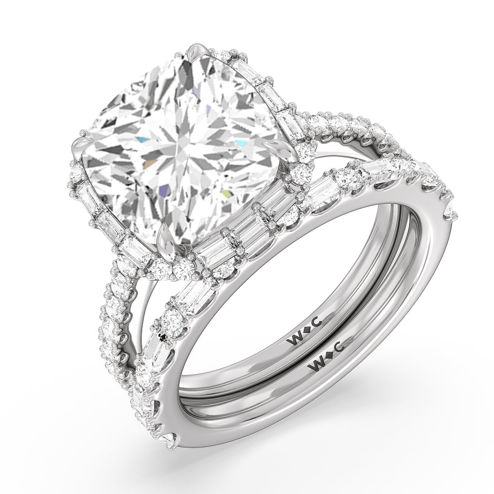Elegance Baguette Halo Pave Diamond Wedding Band with Platinum Cut Diamond in 14KT Platinum view 3
