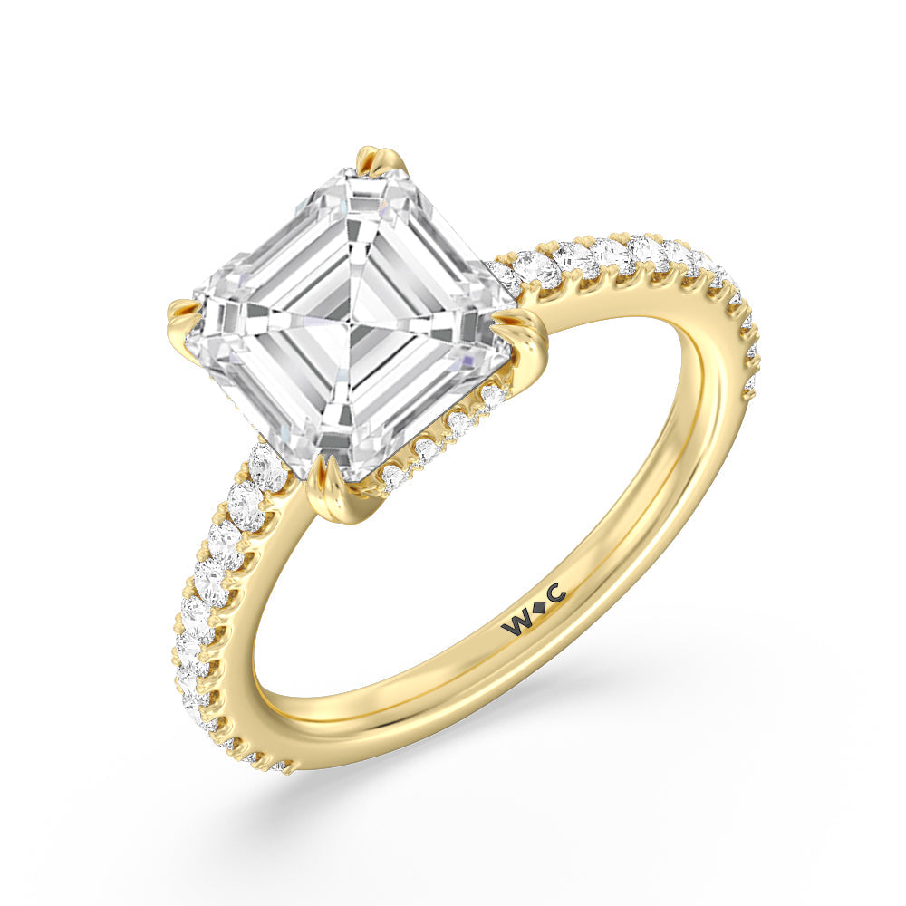 Elegance Hidden Halo and Pave Diamond Engagement Ring with Asscher Cut Diamond in 14KT Yellow Gold view 3
