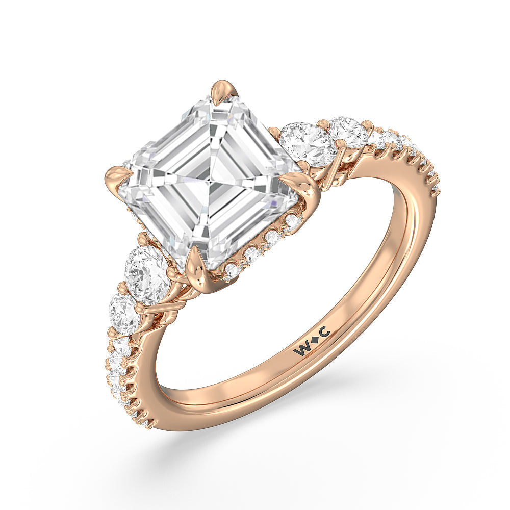 Elegance Side-Stone with Hidden Halo Engagement Ring with Asscher Cut Diamond in 14KT Rose Gold view 5
