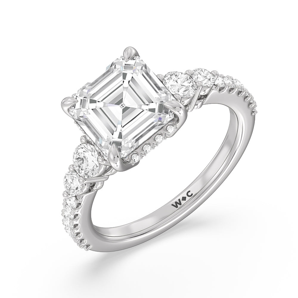 Elegance Side-Stone with Hidden Halo Engagement Ring with Asscher Cut Diamond in 14KT Platinum view 5
