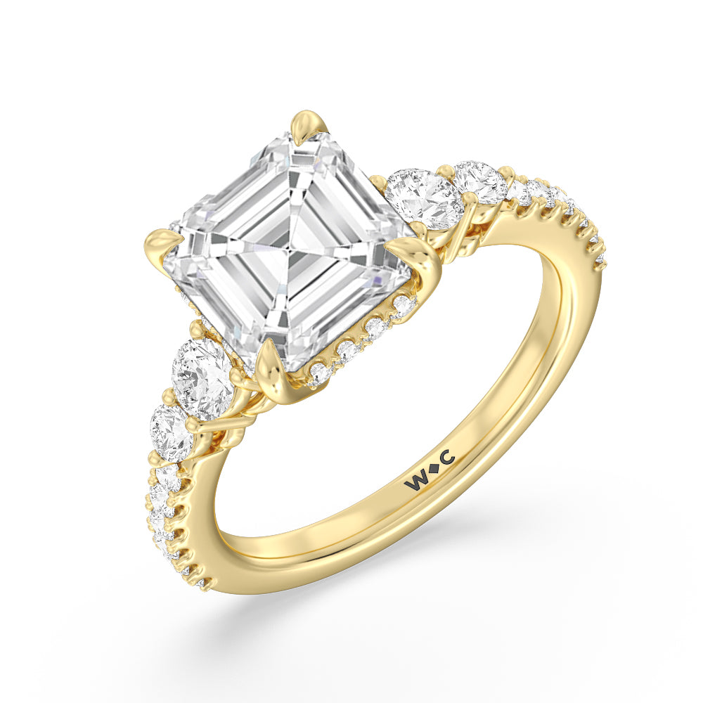 Elegance Side-Stone with Hidden Halo Engagement Ring with Asscher Cut Diamond in 14KT Yellow Gold view 5

