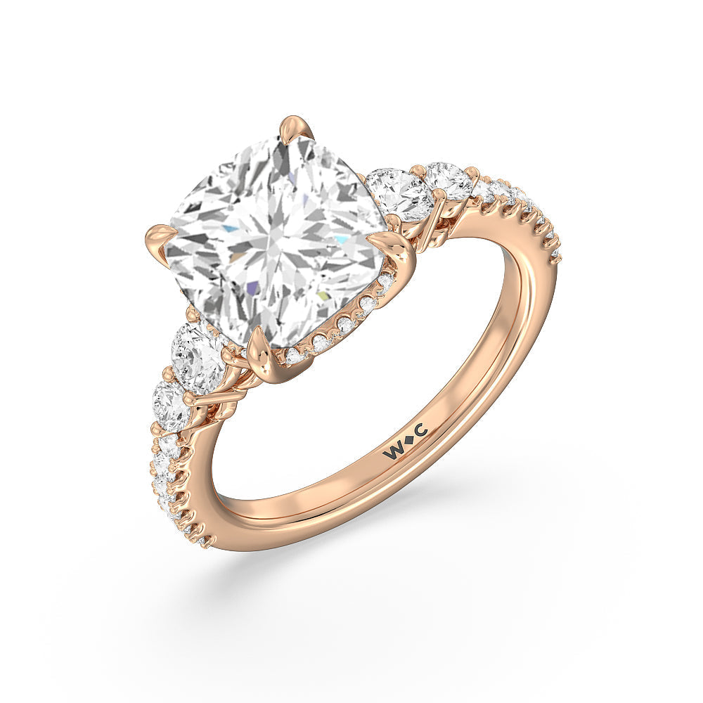Elegance Side-Stone with Hidden Halo Engagement Ring with Cushion Cut Diamond in 14KT Rose Gold view 5
