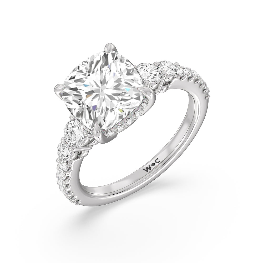 Elegance Side-Stone with Hidden Halo Engagement Ring with Cushion Cut Diamond in 14KT Platinum view 5
