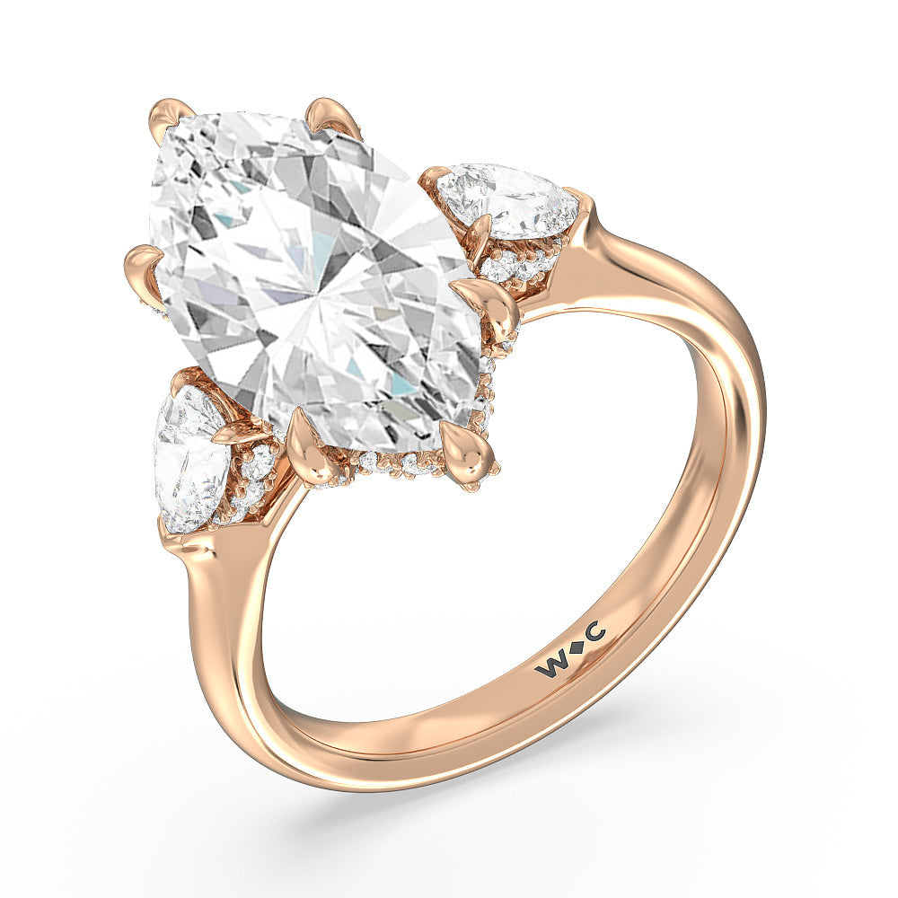 Elegance Pear Side Stone Engagement Ring with Marquise Cut Diamond in 14KT Rose Gold view 3
