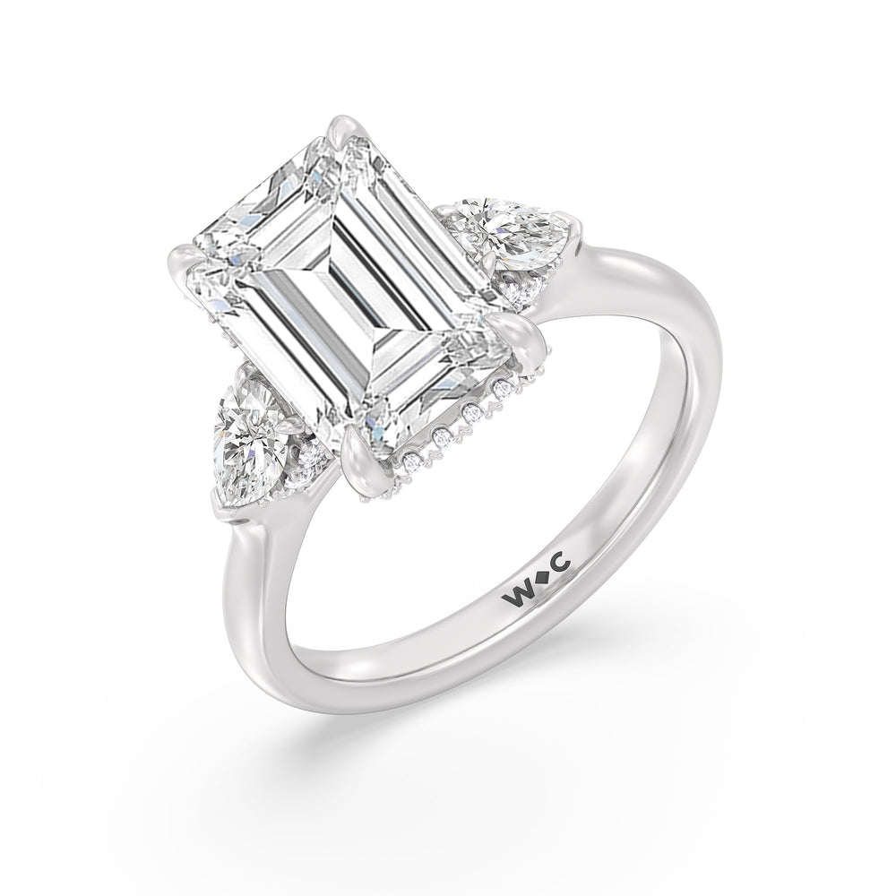 Elegance Pear Side Stone Engagement Ring with Emerald Cut Diamond in 14KT Platinum view 4
