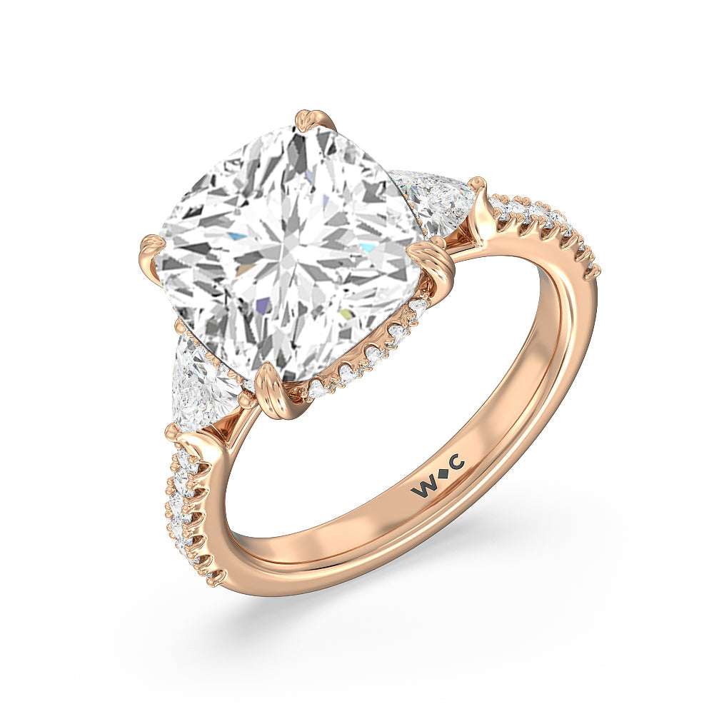 Cushion Cut Elegance Trillion Diamond Three Stone Engagement Ring with Lab Grown Diamond in 14KT Rose Gold view 3
