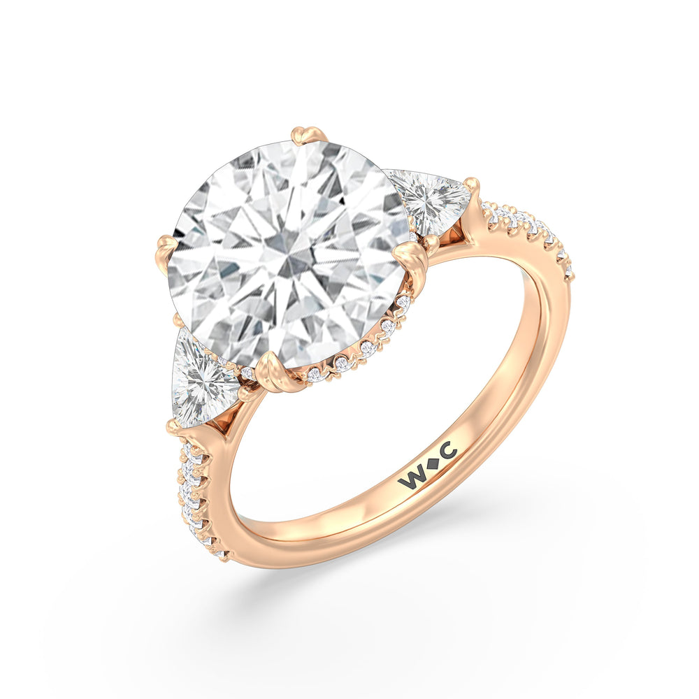 Round Cut Elegance Trillion Diamond Three Stone Engagement Ring with Lab Grown Diamond in 14KT Rose Gold view 3
