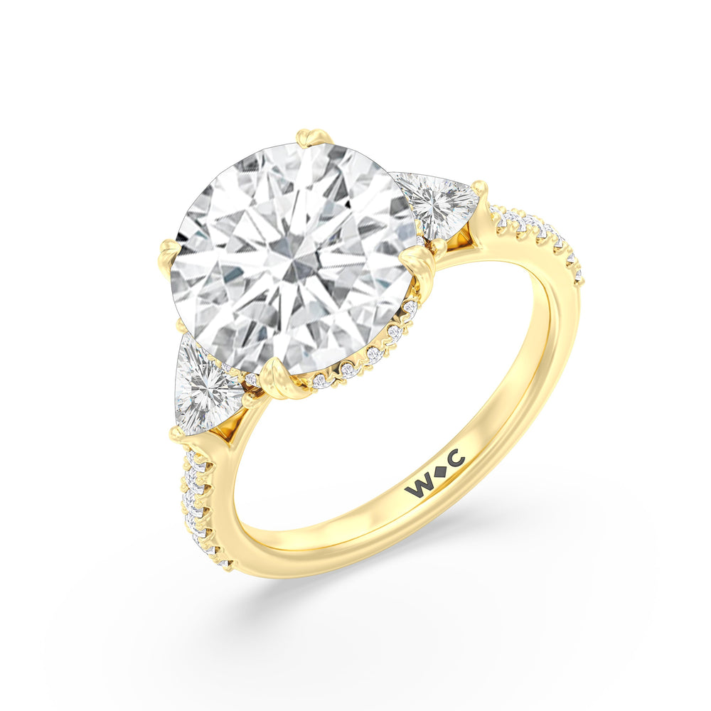 Round Cut Elegance Trillion Diamond Three Stone Engagement Ring with Lab Grown Diamond in 14KT Yellow Gold view 3
