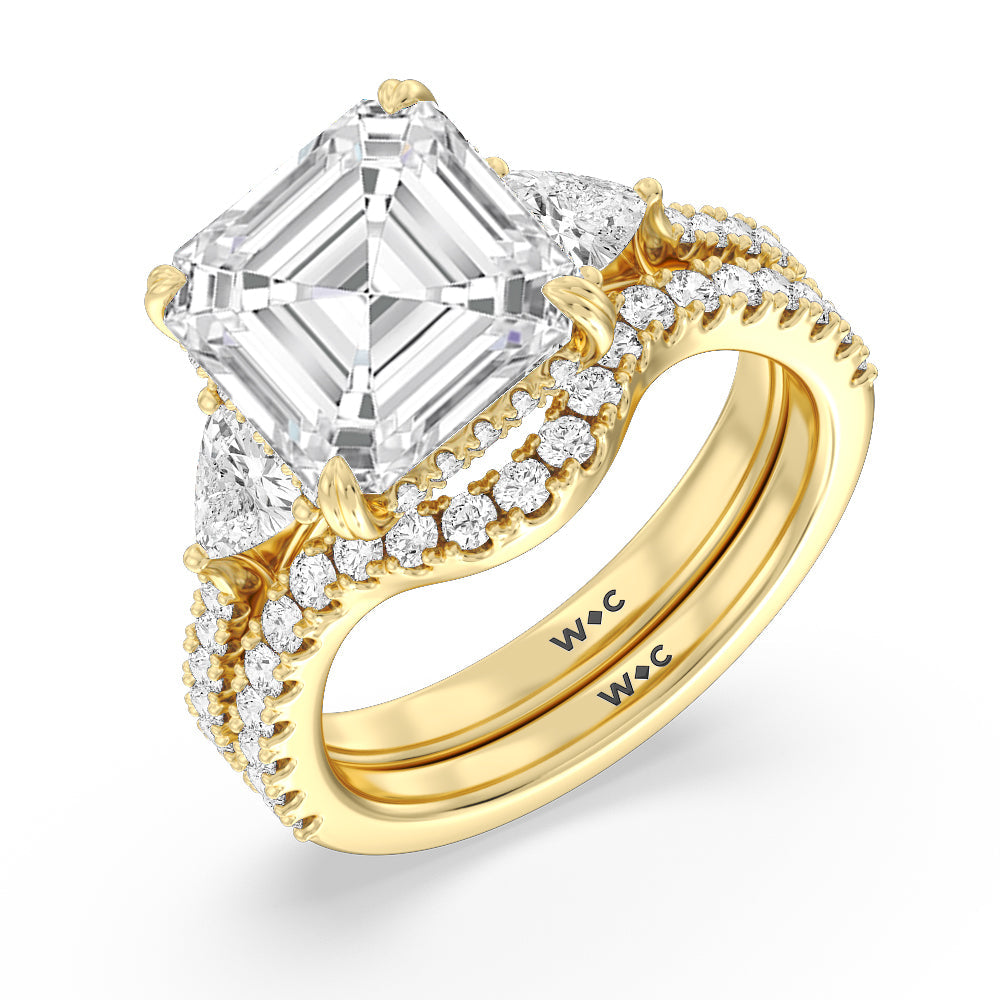 Elegance Trillion Diamond Three Stone Wedding Band with 18KT Yellow Gold Cut Diamond in 14KT Yellow Gold view 3
