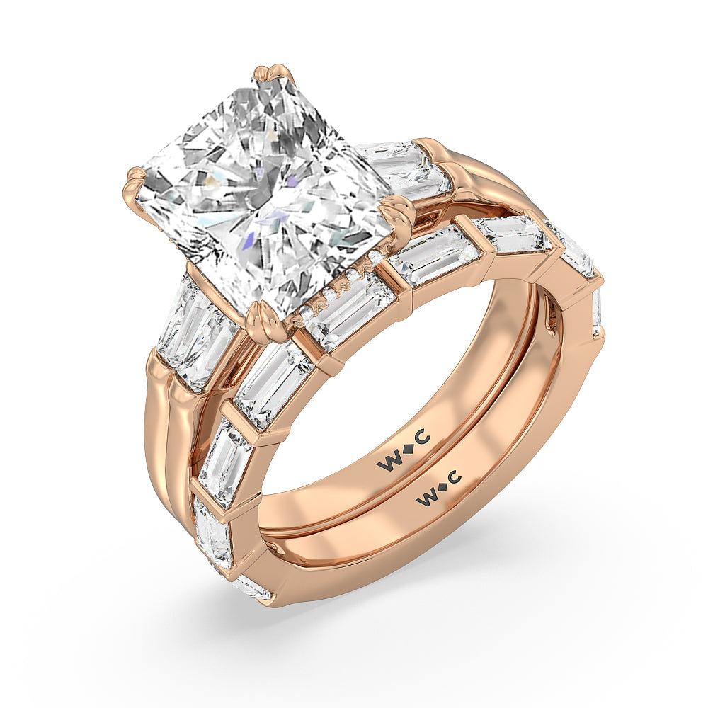 Elegance Twin Baguette Side Stone Diamond Wedding Band with 18KT Rose Gold Cut Diamond in 14KT Rose Gold view 3

