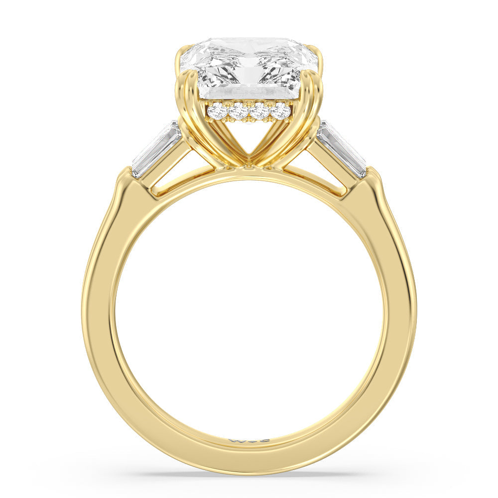 Elegance Twin Baguette Side Stone Engagement Ring with Radiant Cut Diamond in 14KT Yellow Gold view 2
