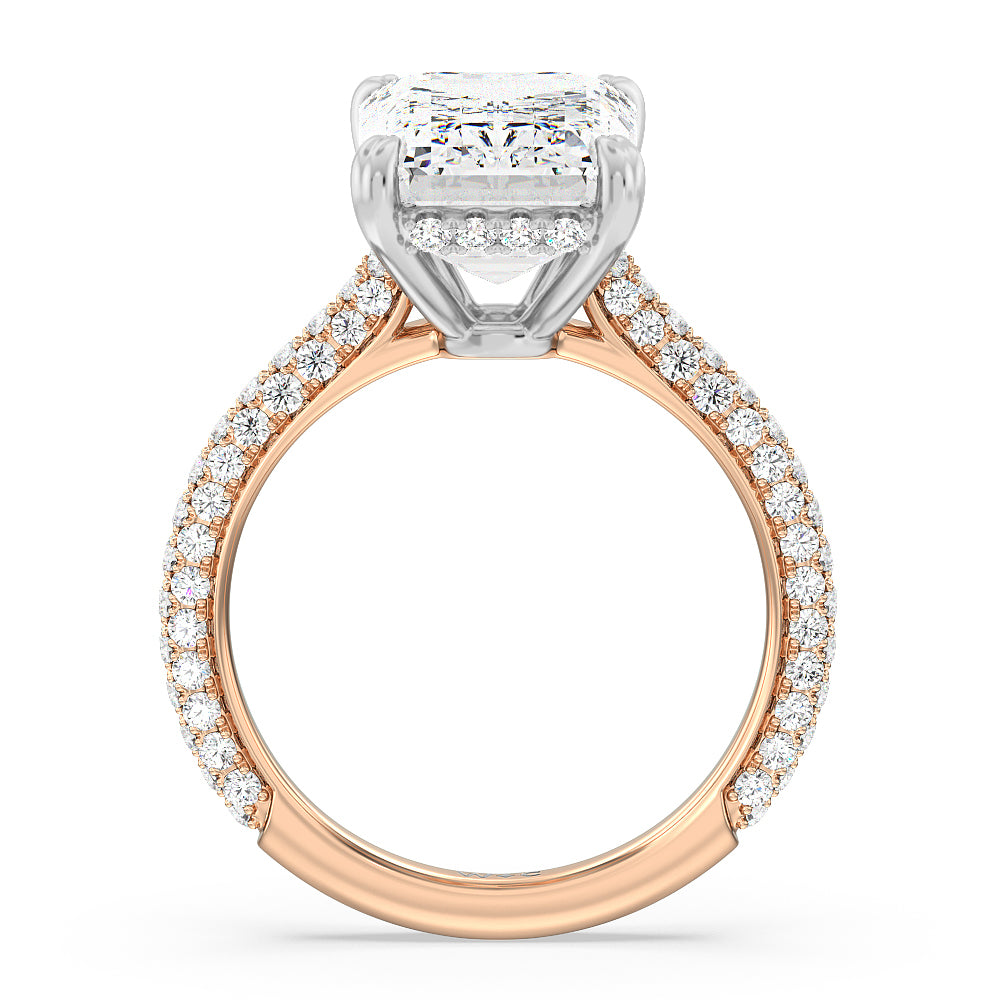Elegance Diamond Studded Gallery Hidden Halo Engagement Ring with Emerald Cut Diamond in 14KT White & Rose Gold view 2
