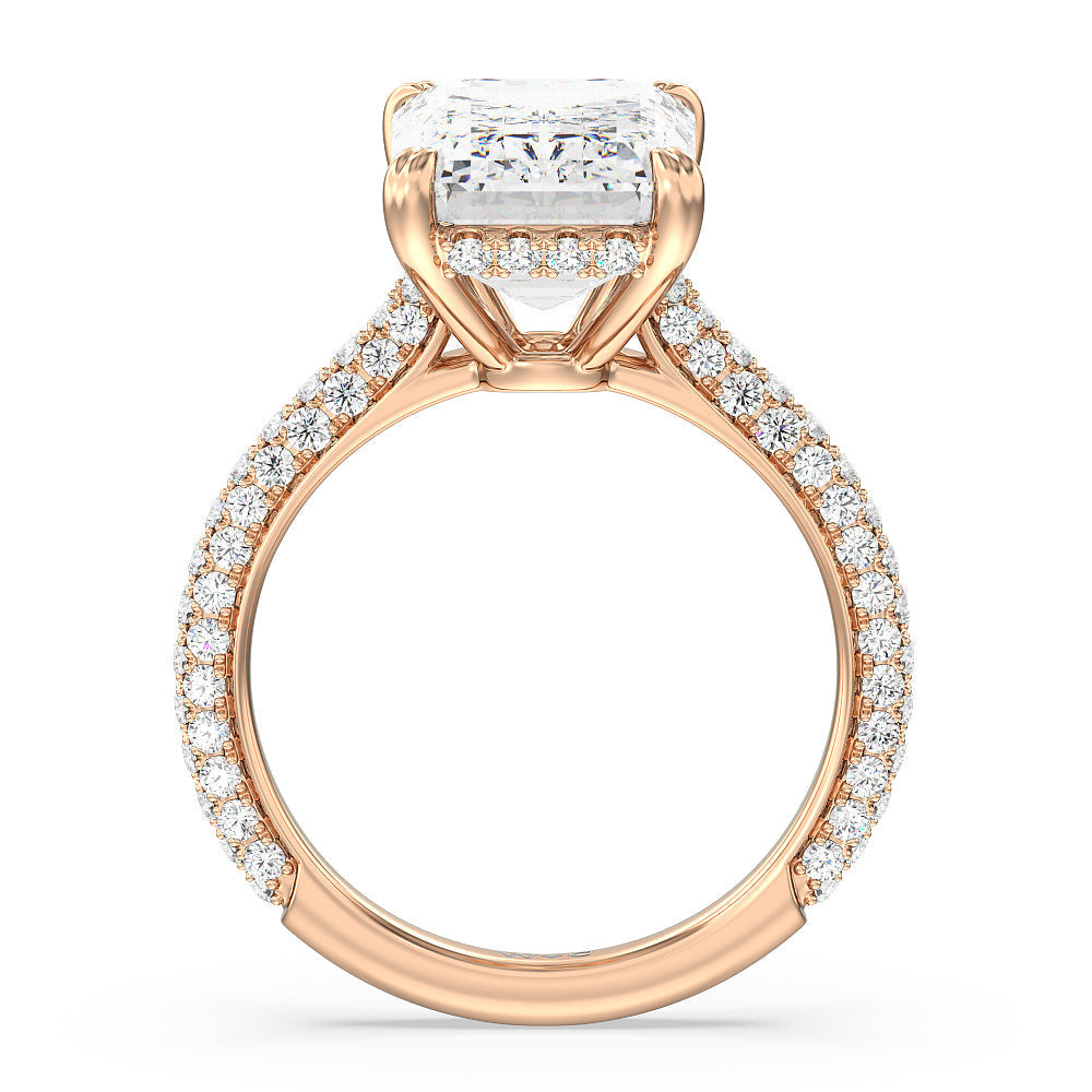 Elegance Diamond Studded Gallery Hidden Halo Engagement Ring with Emerald Cut Diamond in 14KT Rose Gold view 3
