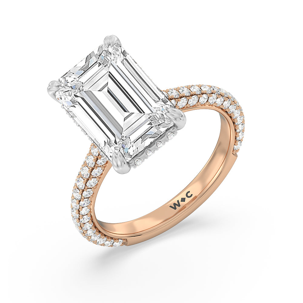 Elegance Diamond Studded Gallery Hidden Halo Engagement Ring with Emerald Cut Diamond in 14KT White & Rose Gold view 3
