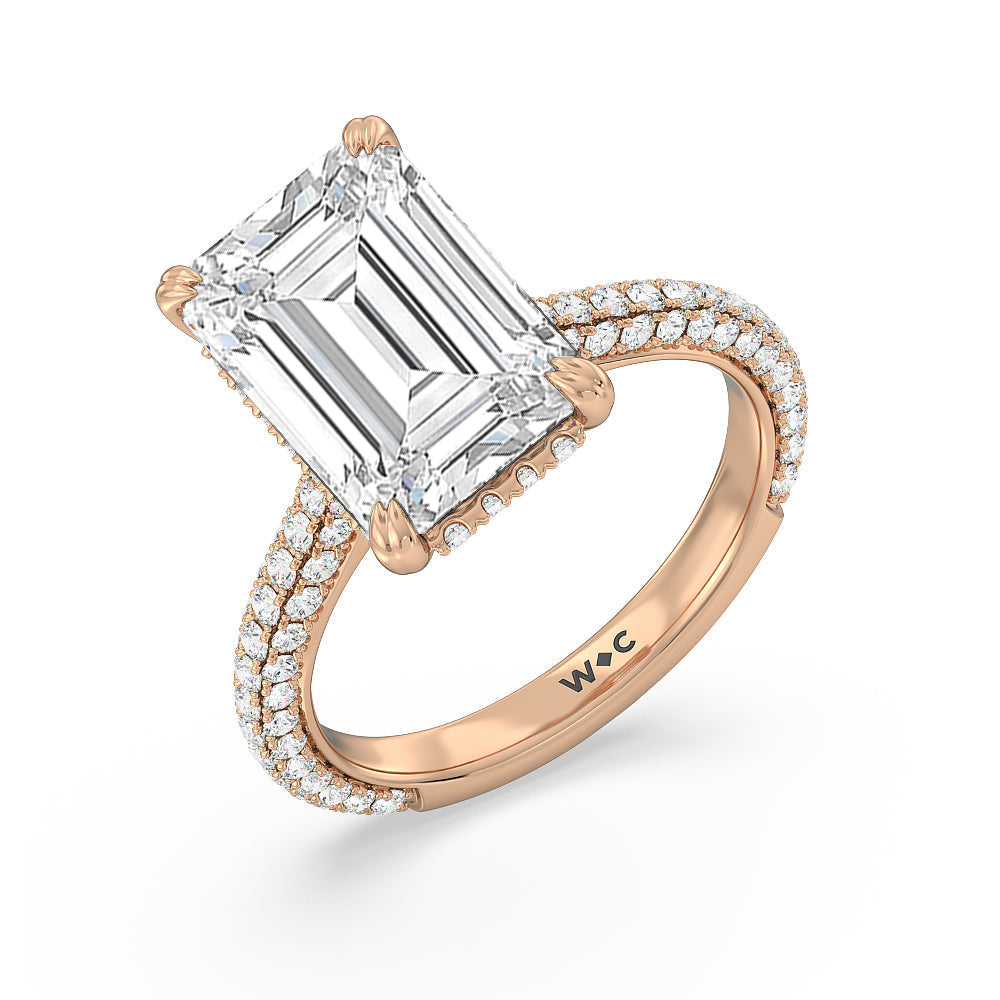 Elegance Diamond Studded Gallery Hidden Halo Engagement Ring with Emerald Cut Diamond in 14KT Rose Gold view 4
