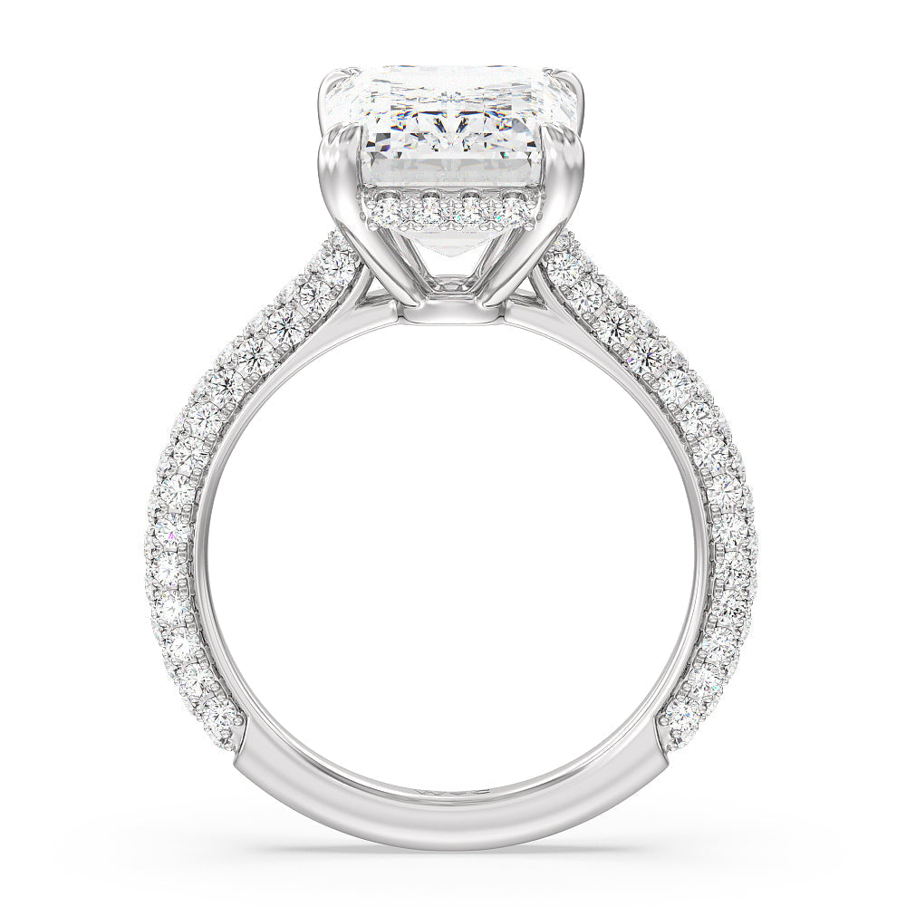 Elegance Diamond Studded Gallery Hidden Halo Engagement Ring with Emerald Cut Diamond in 14KT Platinum view 3
