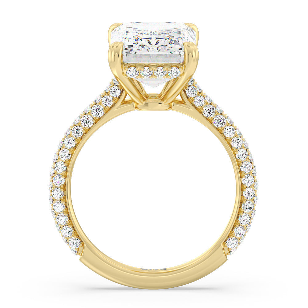 Elegance Diamond Studded Gallery Hidden Halo Engagement Ring with Emerald Cut Diamond in 14KT Yellow Gold view 3
